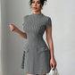 Elegant Houndstooth Dress With Fake Pockets