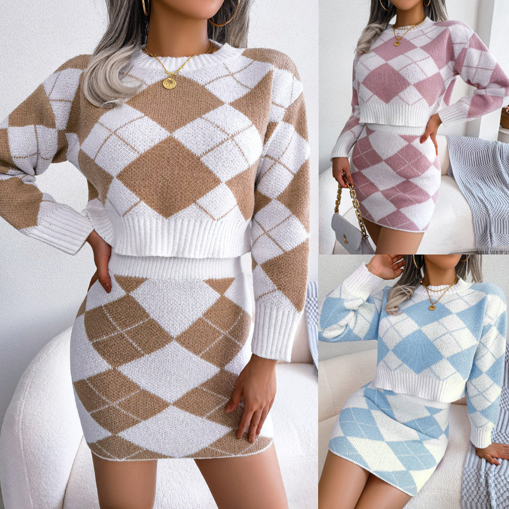 Hit Color Diamond Lattice Midriff-baring Sweater Hip Skirt Casual Suit