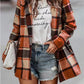 Women's Loose Printed Checks Long Sleeve Pocket Woolen Coat Cardigan Top