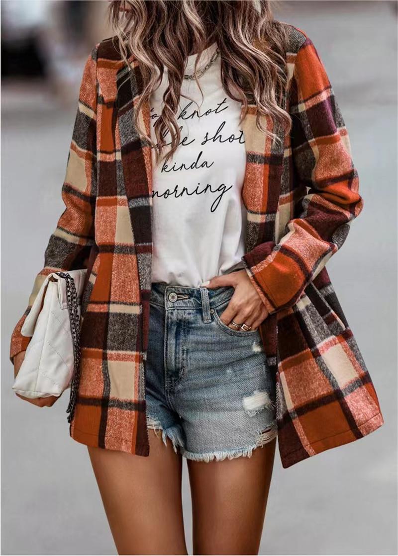 Women's Loose Printed Checks Long Sleeve Pocket Woolen Coat Cardigan Top