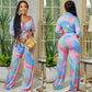 Women's Wear Irregular Pattern Long-sleeved Trousers V-neck Two-piece Suit