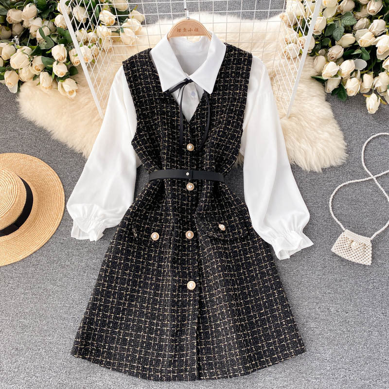 Women's Puff Sleeve Shirt Houndstooth Suspender Dress