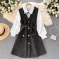 Women's Puff Sleeve Shirt Houndstooth Suspender Dress