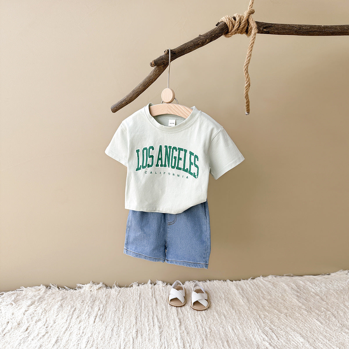 Summer Baby Letter Print Short-sleeve Top Denim Shorts Suit