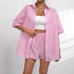 Womens Fashion Lapel-Neck Striped Short-Sleeve Shorts Set