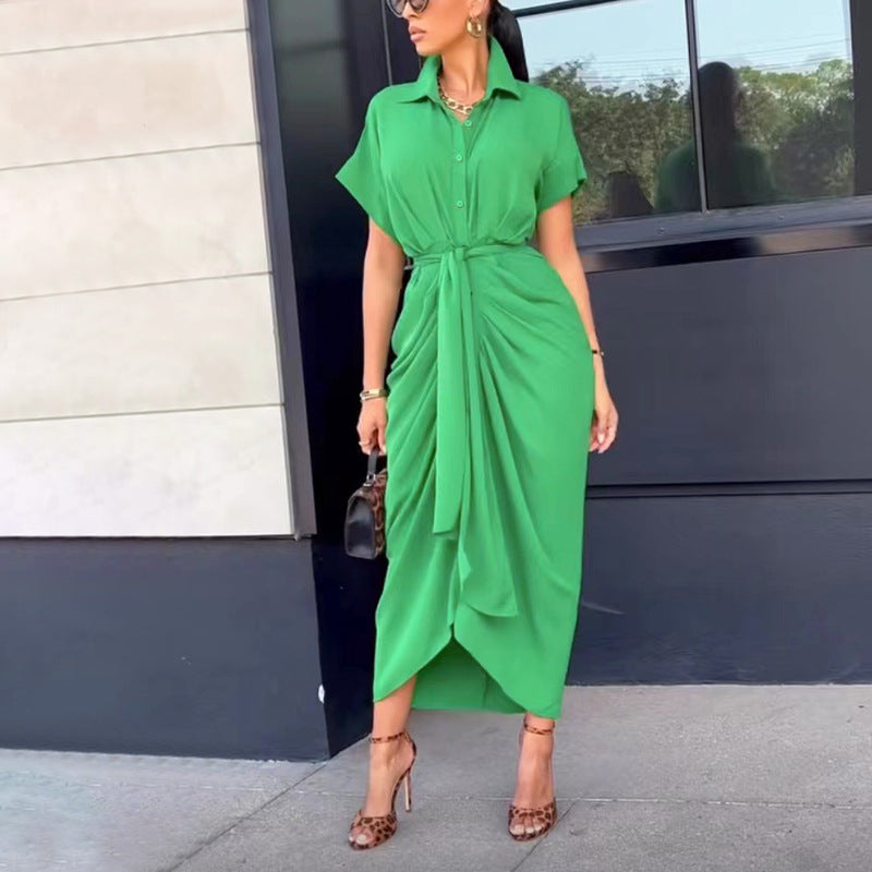 Robe pour femme, nouvelle robe élégante à col polo, mi-longue, manches courtes, simple boutonnage, taille haute