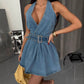 Belt Hanging Collar Backless Denim Dress