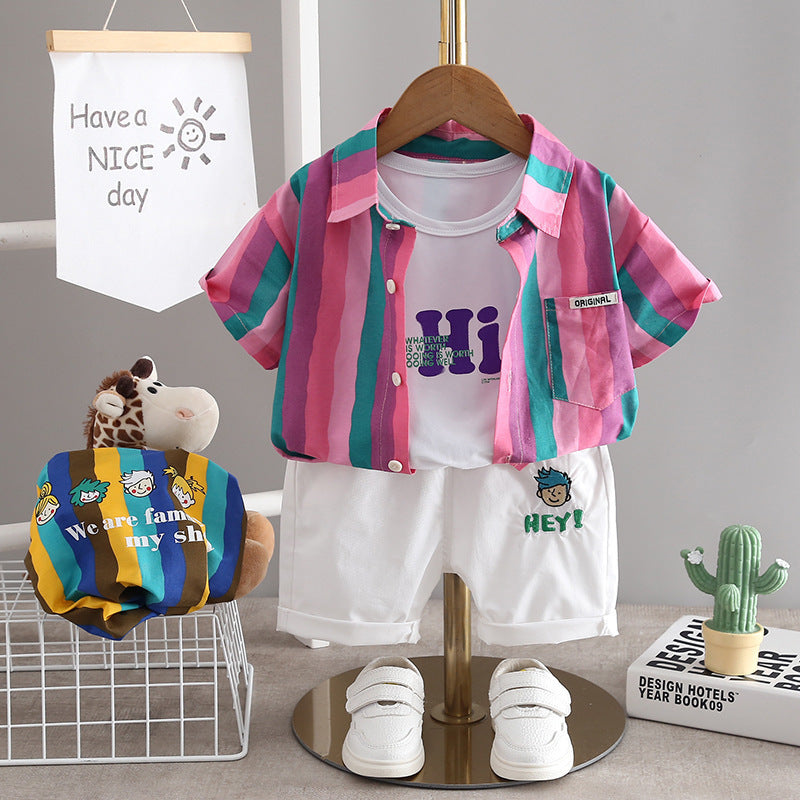 Boys' Color Stripes Lapel Shirt Short Sleeve Three-piece Suit