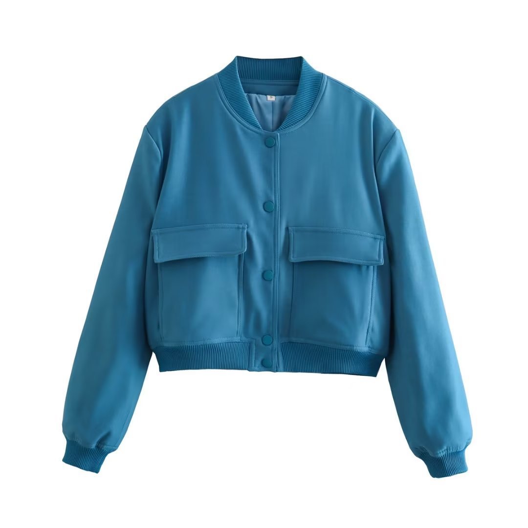 Veste courte décontractée à simple boutonnage et col montant avec poches, vêtement d'extérieur à manches longues et tendance pour femme