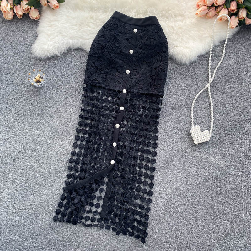 Black And White Hollow Outer Skirt Female Elegant Button Tempered Stickers Falda Party High-end Women's Clothing