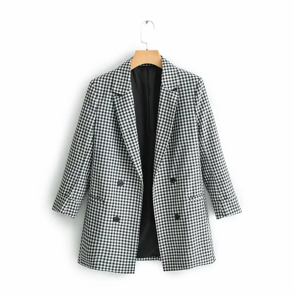 Check double-breasted trench coat