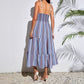 Blue And White Striped Strapless Back Waist Gathered Waist Dress