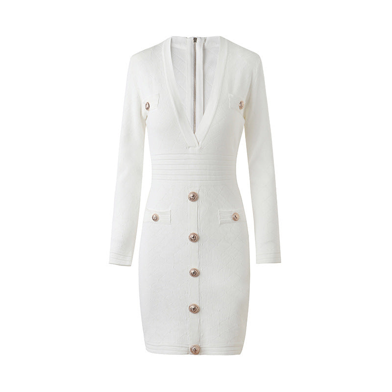Knit Dress, Base Skirt, Temperament Was Thin, Solid Color V-Neck Long-Sleeved Hip Skirt