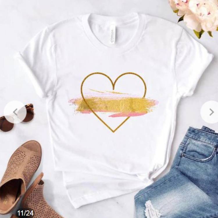 T-shirt blanc à manches courtes et col rond avec imprimé cœur et rose, idéal pour les couples, commerce extérieur, pour hommes et femmes