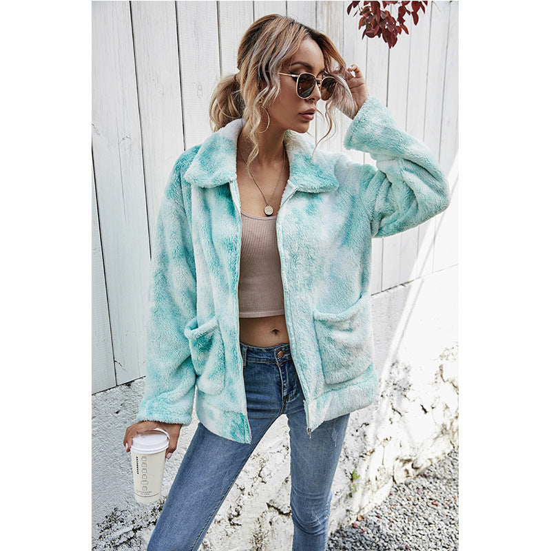 Tie dyed Plush zipper loose coat