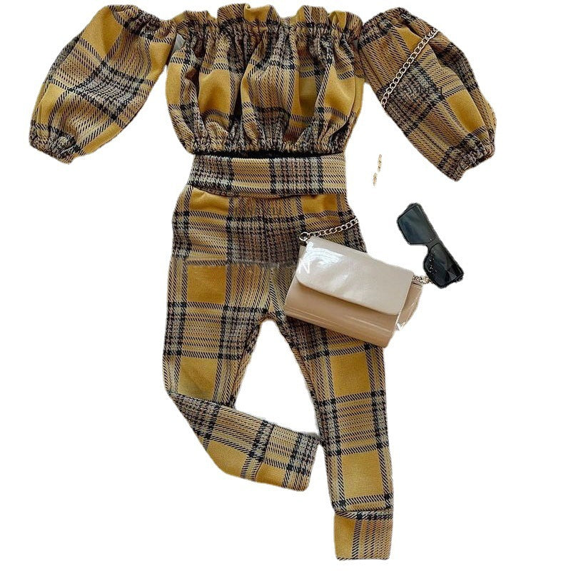 Checker Trousers One Shoulder Long Sleeve Two-piece Set