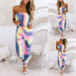 Women Tie Dye Print Wrap Bust Casual Jumpsuit