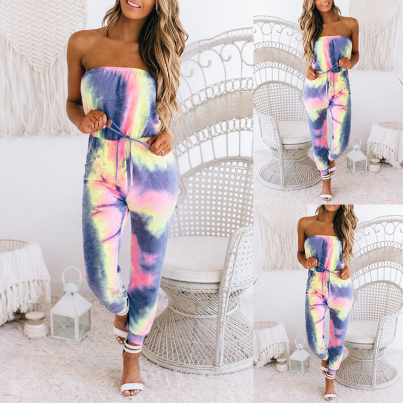 Women Tie Dye Print Wrap Bust Casual Jumpsuit