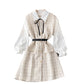 Women's Puff Sleeve Shirt Houndstooth Suspender Dress