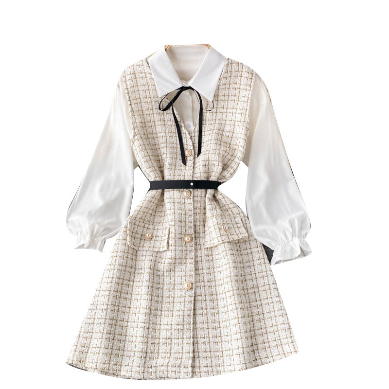 Women's Puff Sleeve Shirt Houndstooth Suspender Dress