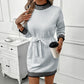 Striped Design Half Turtleneck Contrast Color Long Sleeves Woolen Skirt