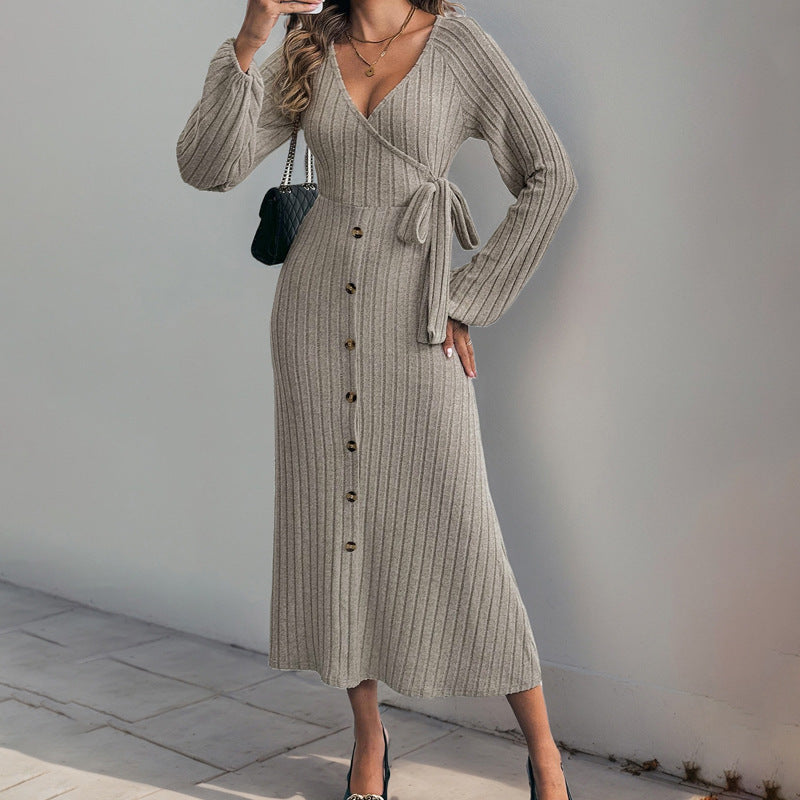 V-neck Solid Color Button Lace-up A- Hem Knitted Dress