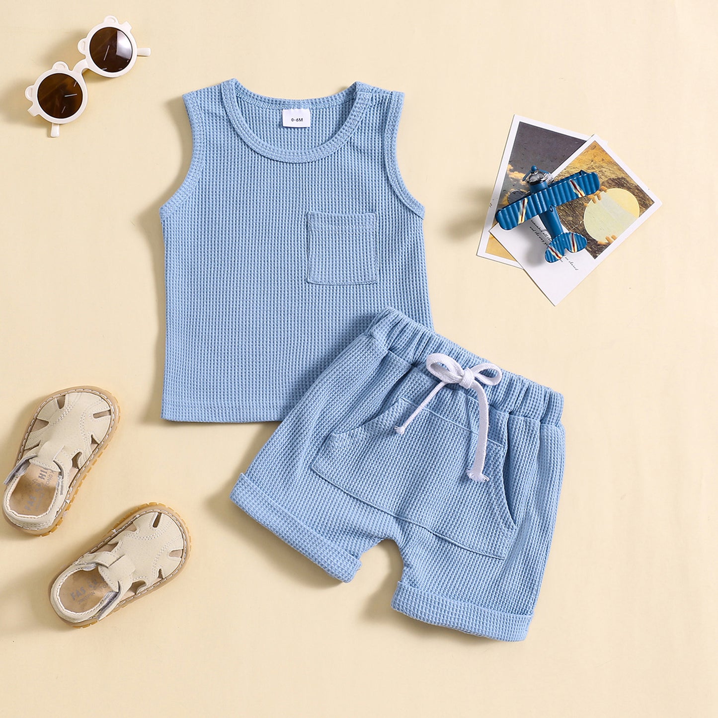 Children's Summer Korean Style Sleeveless Vest Waffle Solid Color Suit