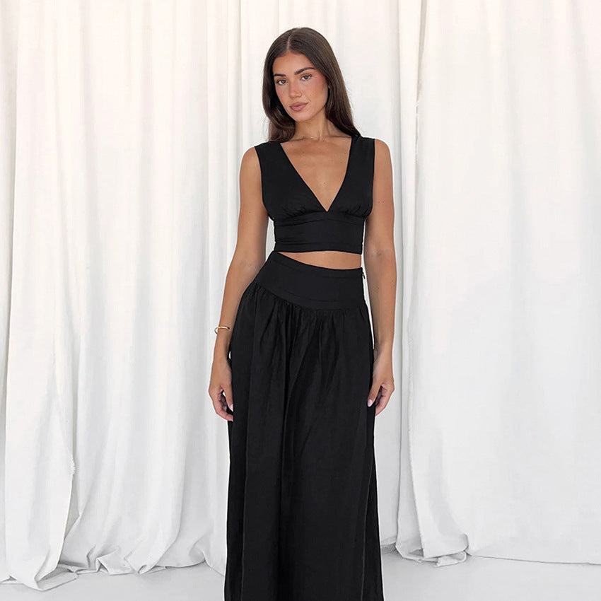 Ensemble deux pièces pour femme, robe trapèze taille haute avec gilet