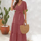 Robe d'été à manches courtes et col en V, design boule de fourrure, taille haute nouée, longue
