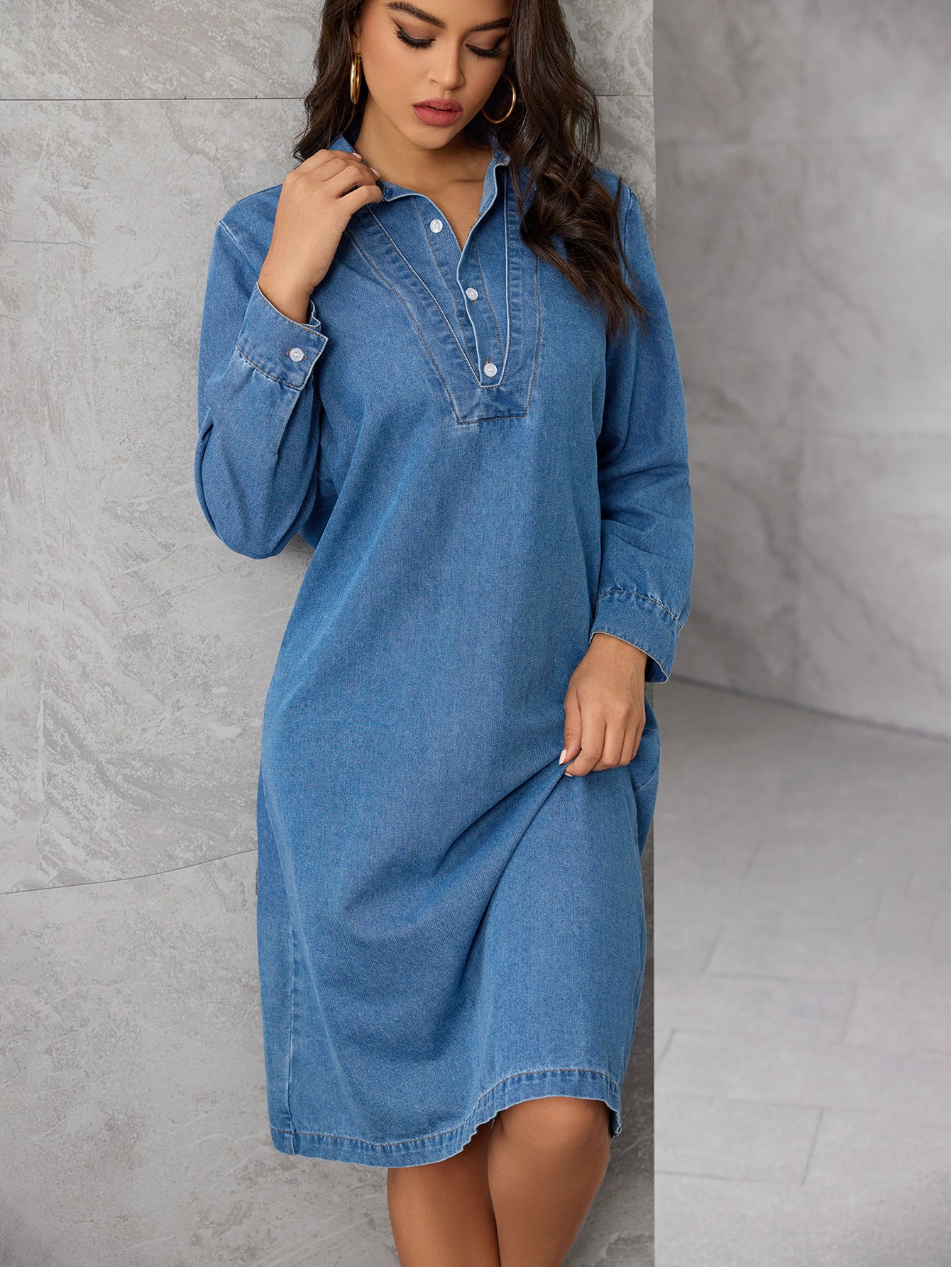 Loose-fit Denim Dress With Long Sleeves For Fallwinter