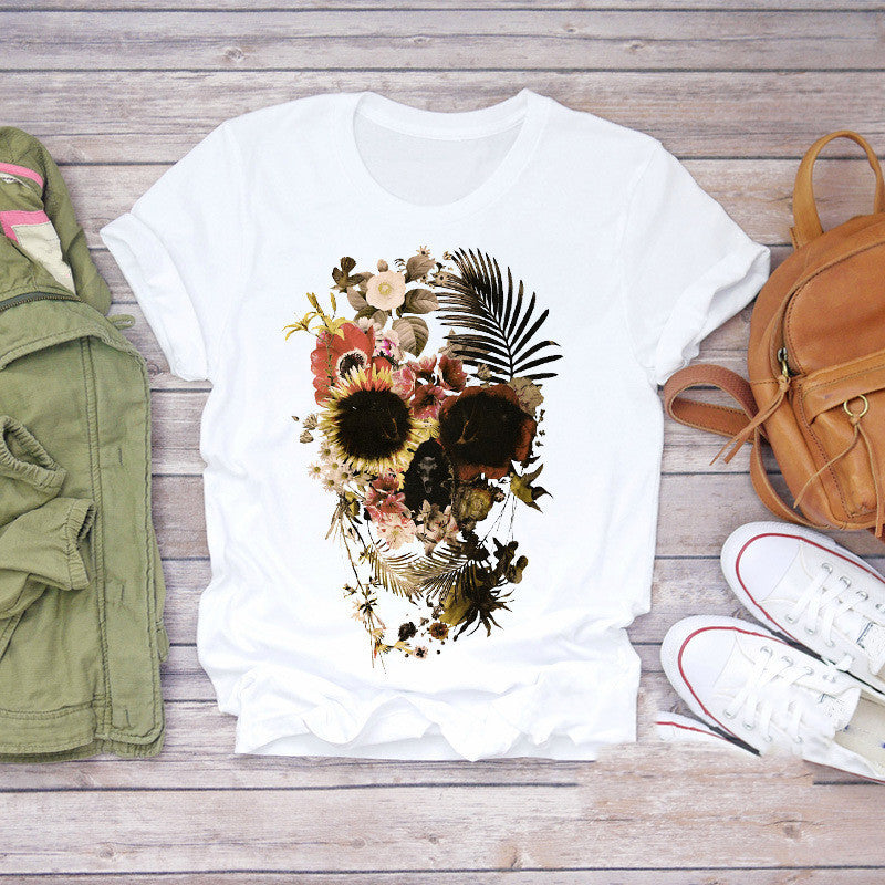 T-shirt personnalisé pour femme avec imprimé tête de mort, papillon et plante