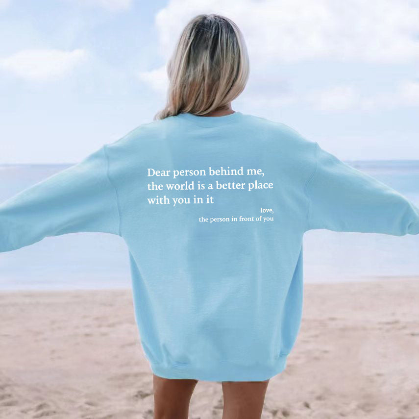Pull ras du cou doublé polaire pour femme, imprimé slogan uni, simple et confortable, couleur unie
