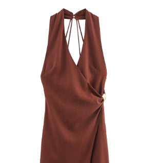Summer Linen Blended Gold Inlaid Halter Dress