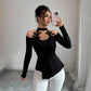 Hollow Out Shoulder-baring Applique Pleated Curved Hem Slim Top
