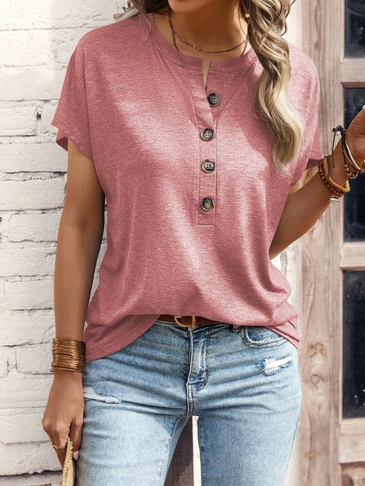 T-shirt à manches courtes et boutons de couleur unie pour femme