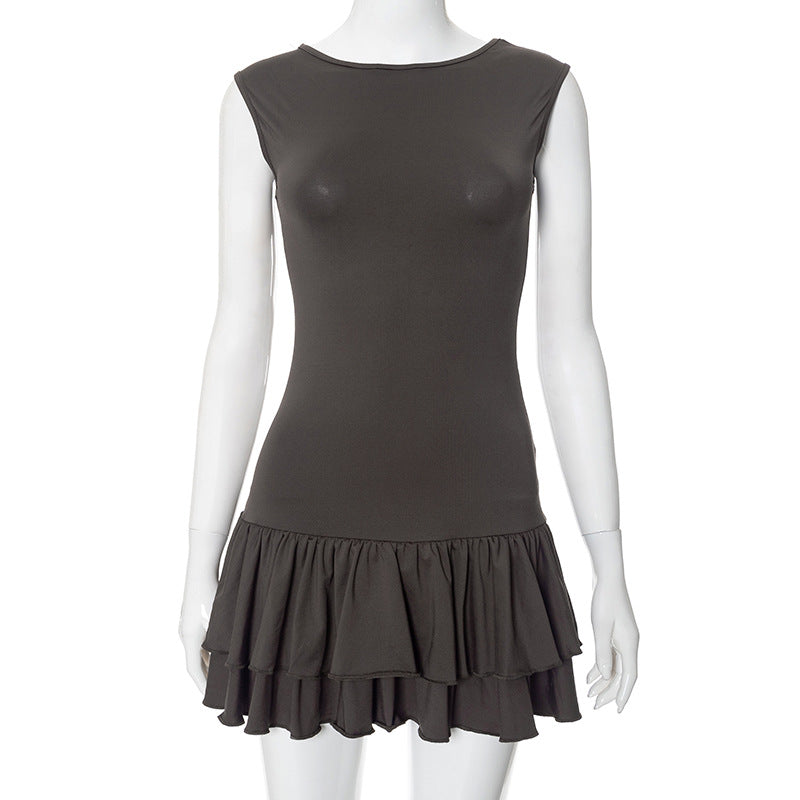 Contrast Color Round Neck Sleeveless Lace Fashion Short Dress Women