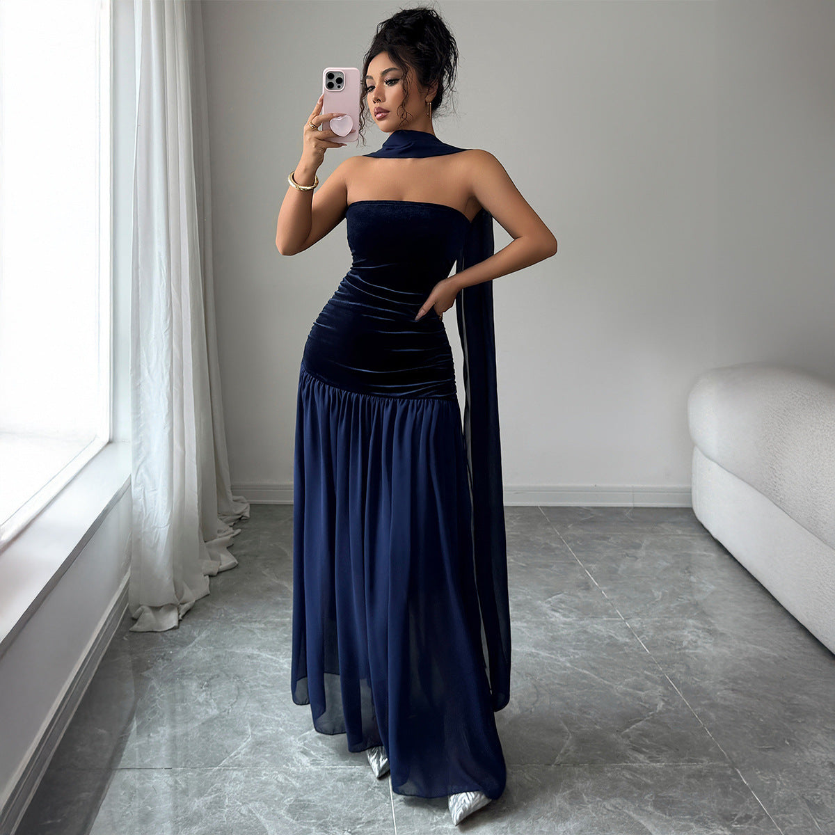 Elegant Strapless Patchwork Dress For Women