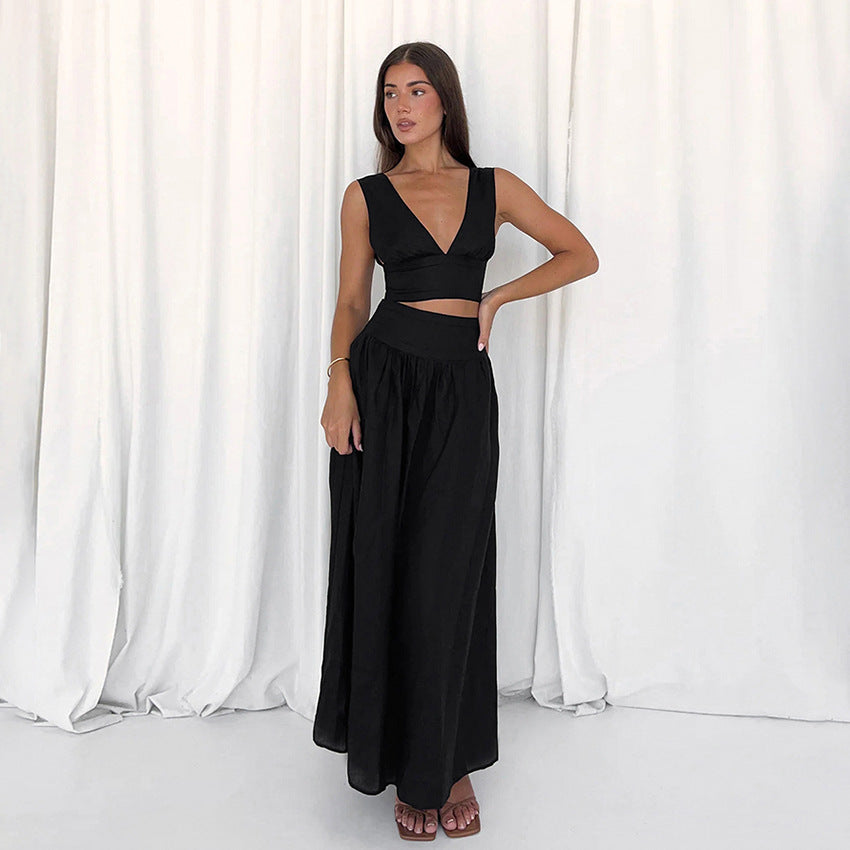 Ensemble deux pièces pour femme, robe trapèze taille haute avec gilet