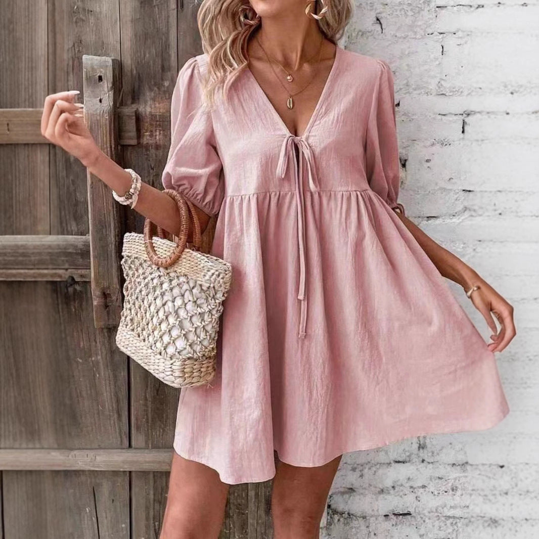 Loose-fit Woven Deep V-neck Designer Tie-front A-line Dress