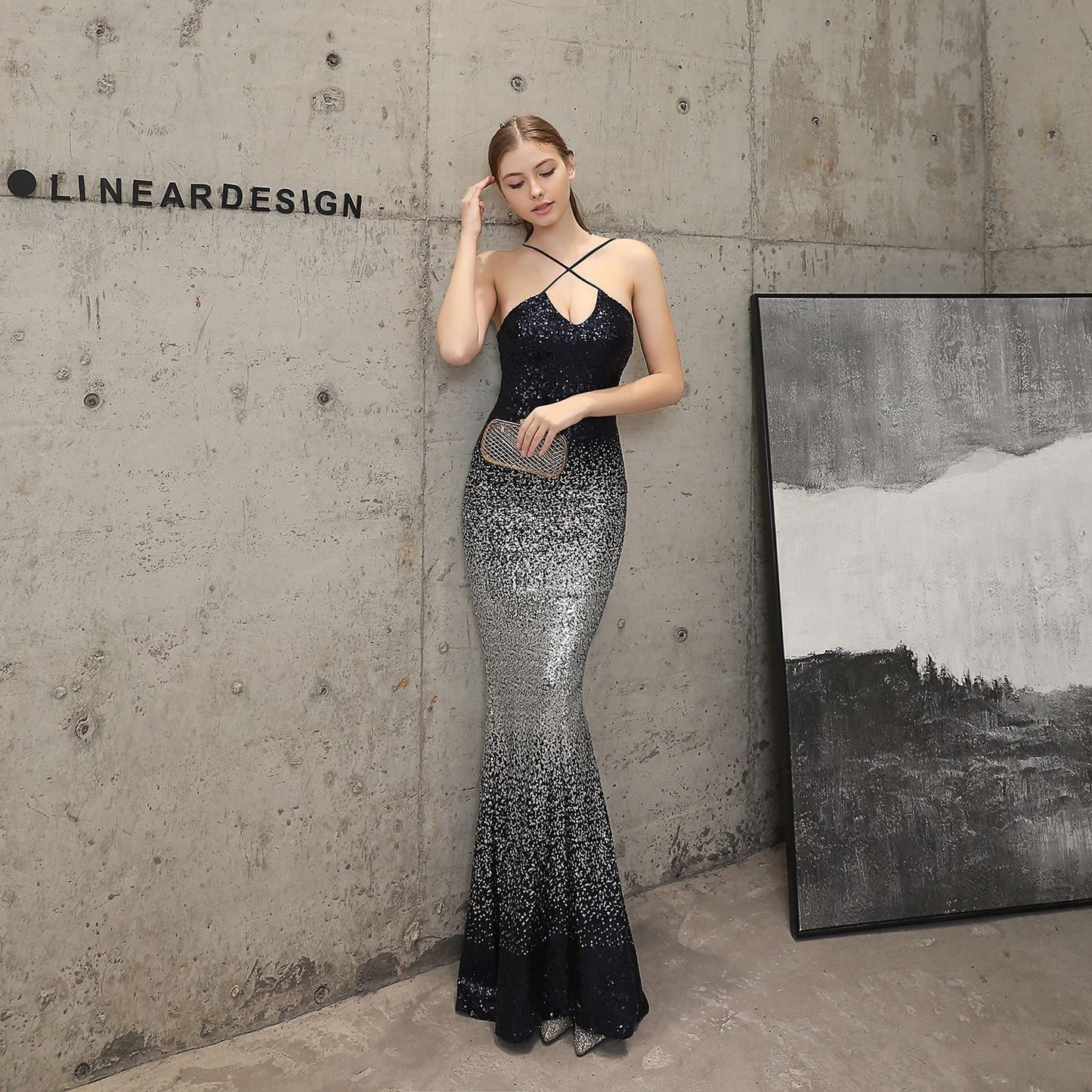 Robe de soirée à paillettes longue et ajustée en queue de poisson