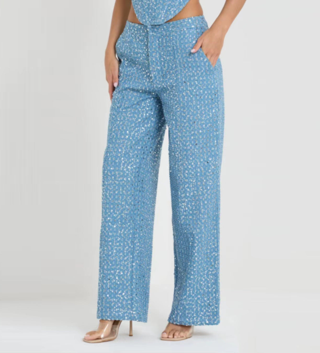 Ensemble haut tube en denim à paillettes et pantalon large