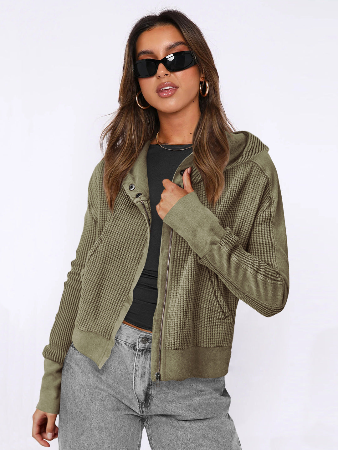 Sweat-shirt à capuche tendance pour femme, veste courte à fermeture éclair