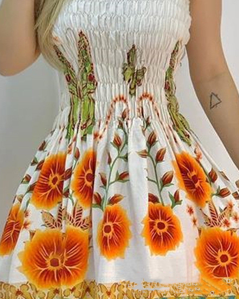Female Positioning Printing Floral Crumpled Sling Dress