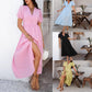 Leisure Commute Vacation Style V-neck High Waist Short Sleeve Split Dress Women