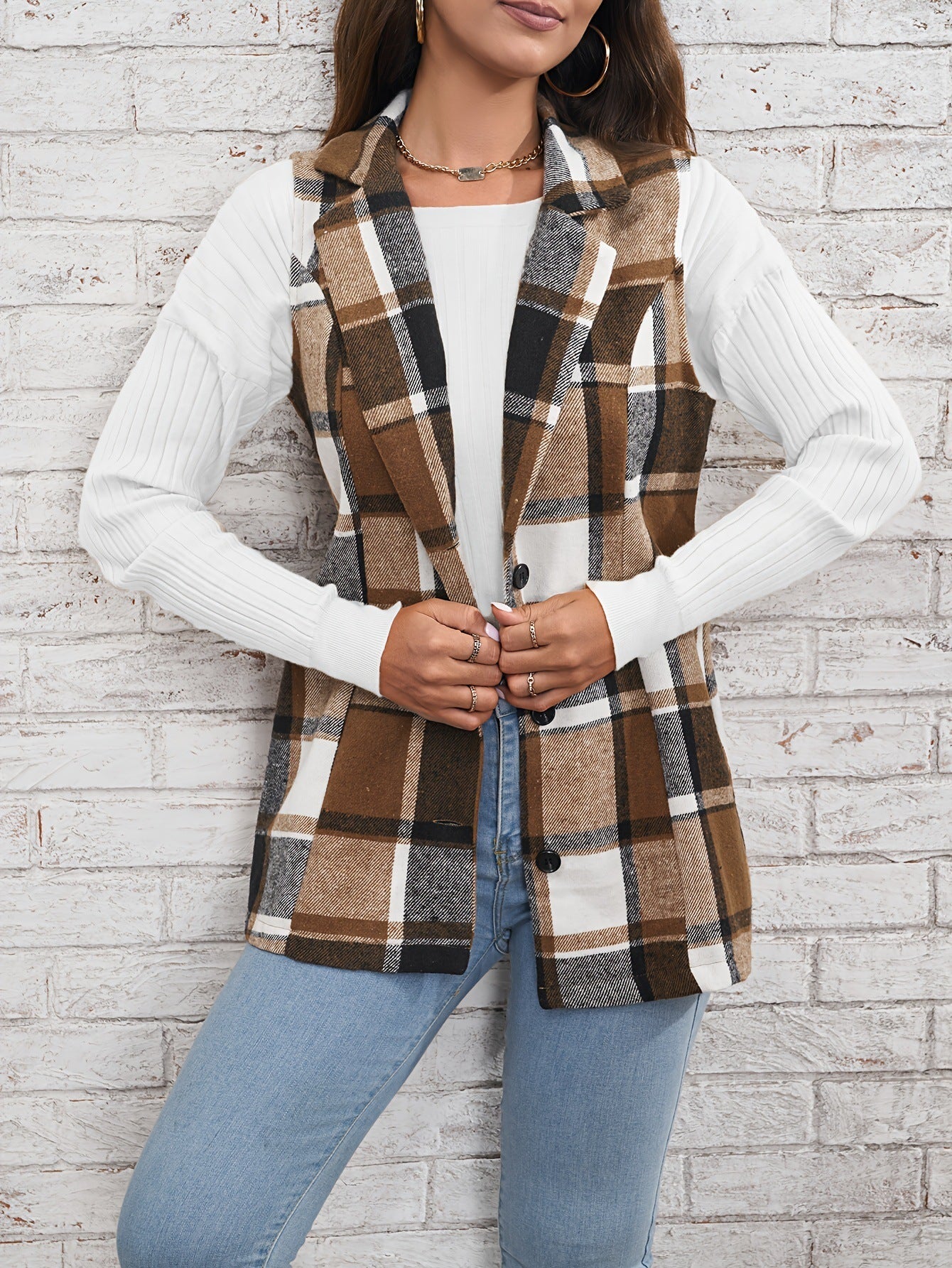 Fashion Women's Wear Lapel Suit Vest Plaid Coat