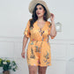 Women's Deep V Print Short Sleeve Waist Casual Siamese Shorts