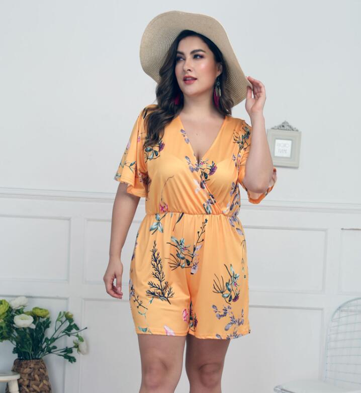 Women's Deep V Print Short Sleeve Waist Casual Siamese Shorts