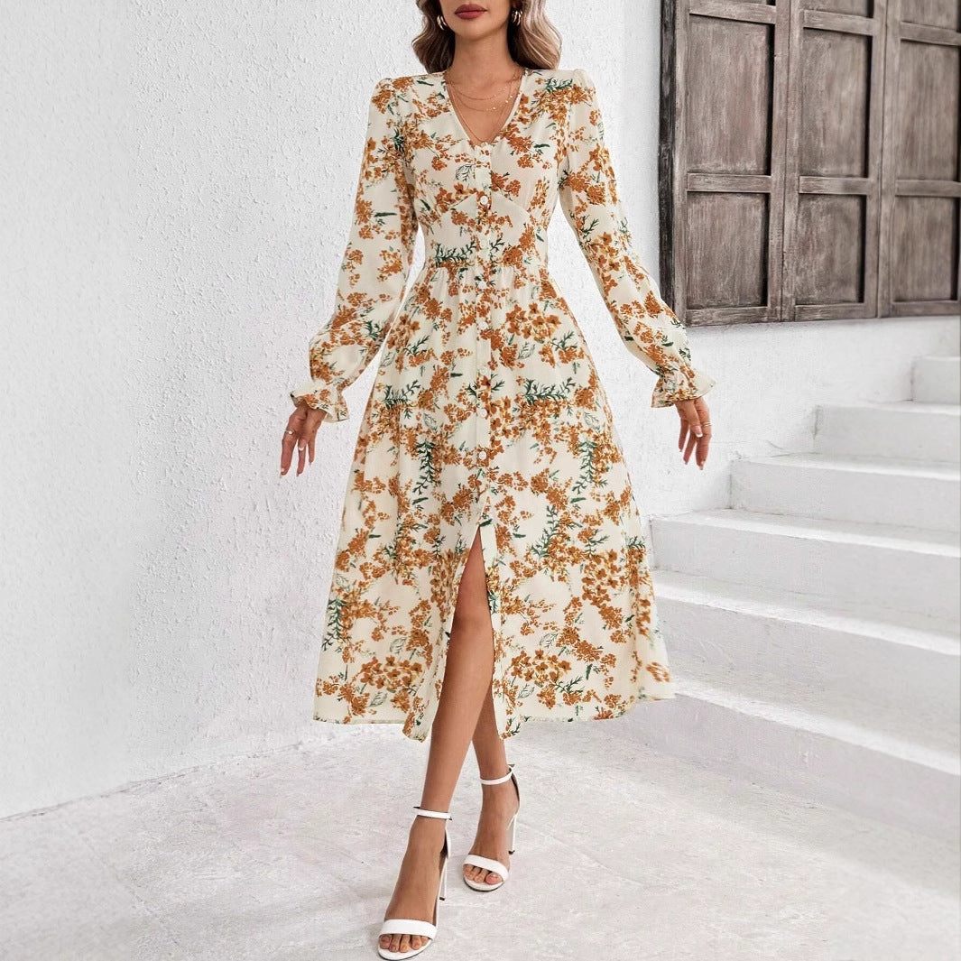Flower Floral Print Slit Dress Female