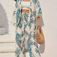 Women's Loose-fit Printed Outfit Cardigan With Fringed Hem And Wide-leg Pants Set