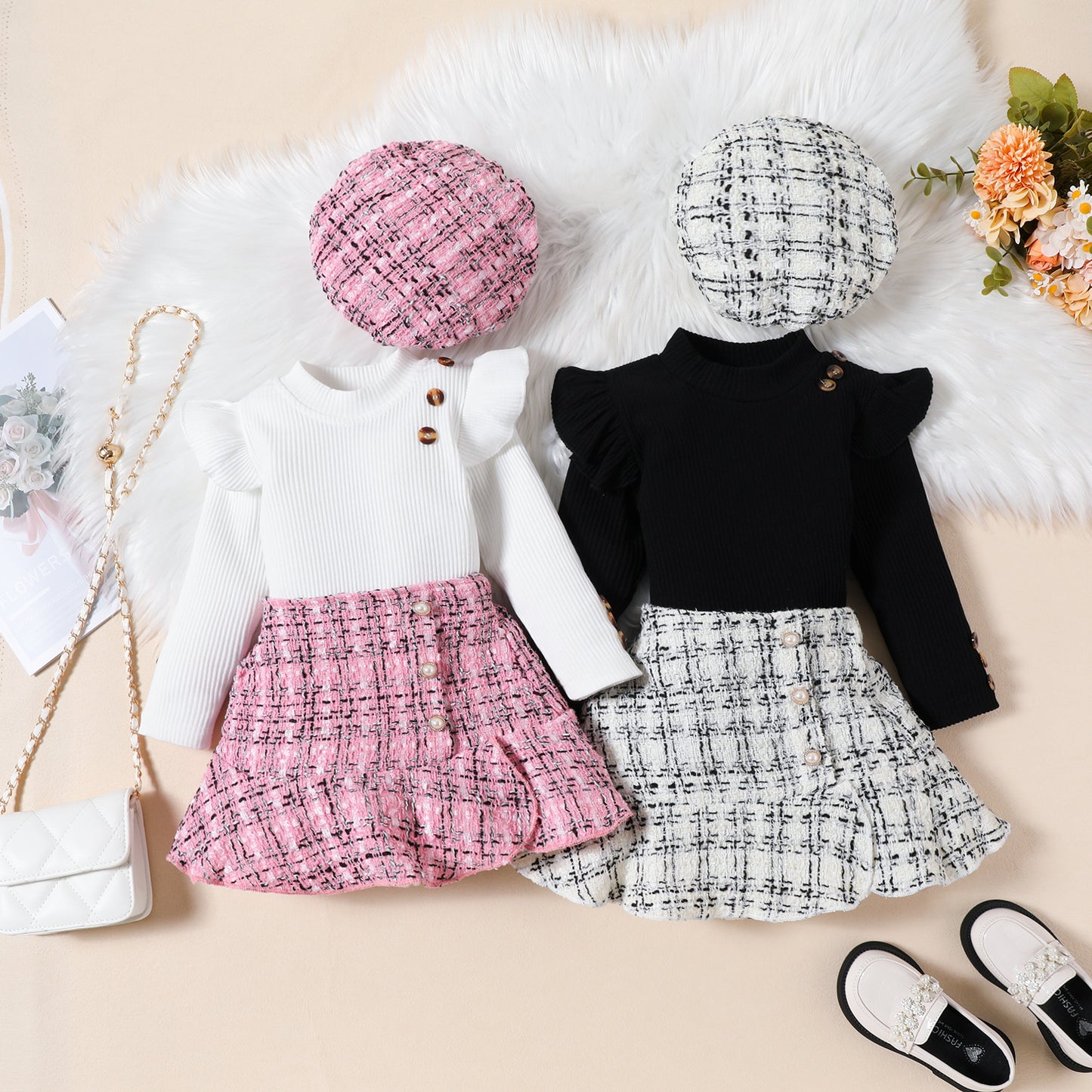 Haut à manches longues et volants à rayures enfoncées, jupe à carreaux en queue de poisson, chapeau, costume tendance pour fille
